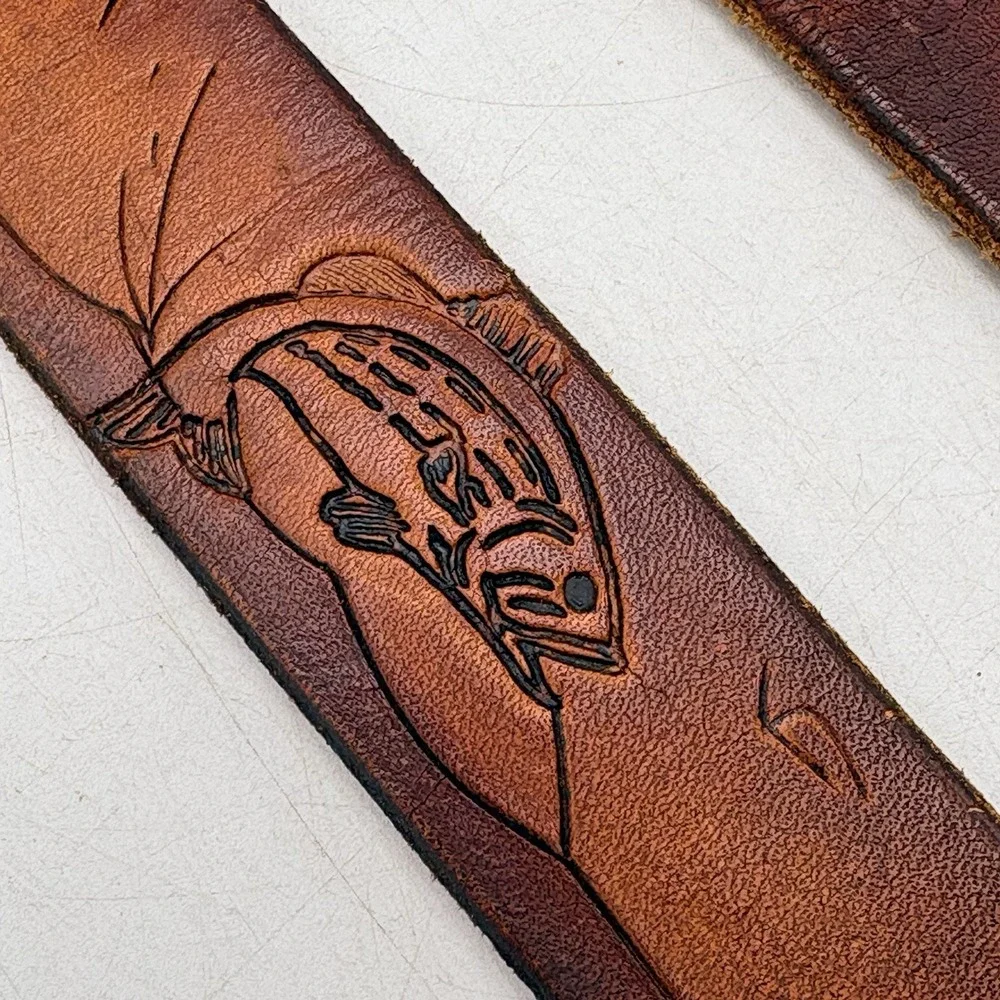 VTG 70s Boo Doo Hand Tooled Leather Belt Fish Cattails USA Size 40 Western